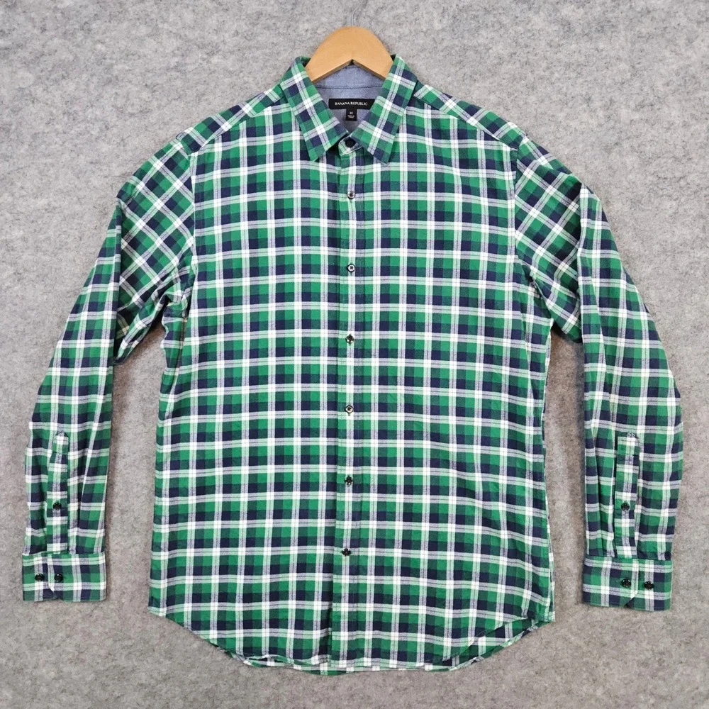 Banana Republic Men's Green Blue White Plaid Size M Button Up Shirt 100% Cotton‎